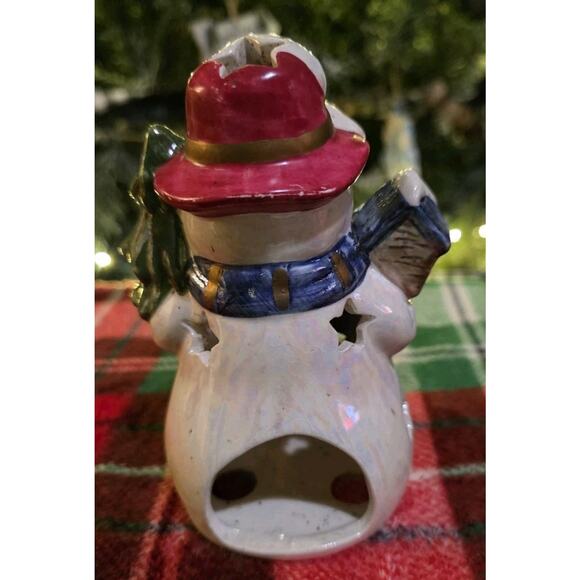 Snowman Tea Light Candle Holder with Blue Scarf and Red Hat Christmas Decoration - Picture 2 of 3